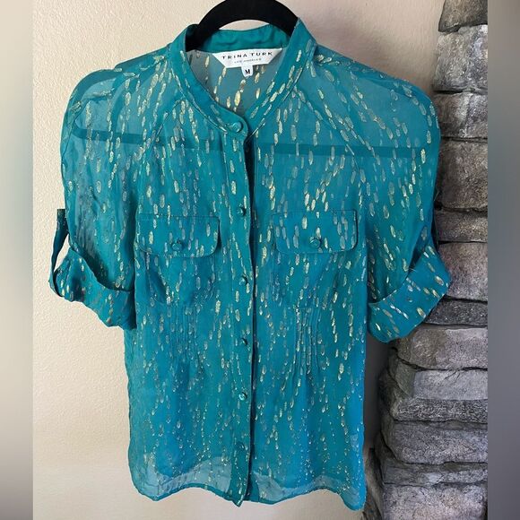 Trina Turk silk blend sheer button down top with gold accents and pockets. - Picture 1 of 8